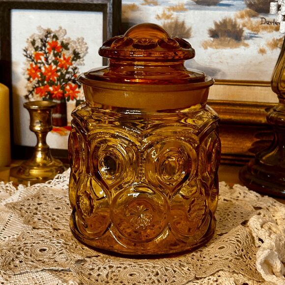 Vintage L.E. Smith Glass Moon and Stars Amber Small Lidded Canister - Picture 1 of 5